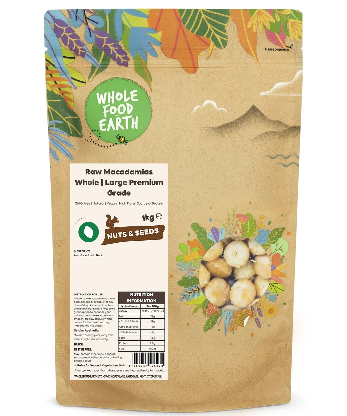 Whole Food Earth raw macadamias, large premium grade whole nuts, natural and fresh, packed in a clear container.