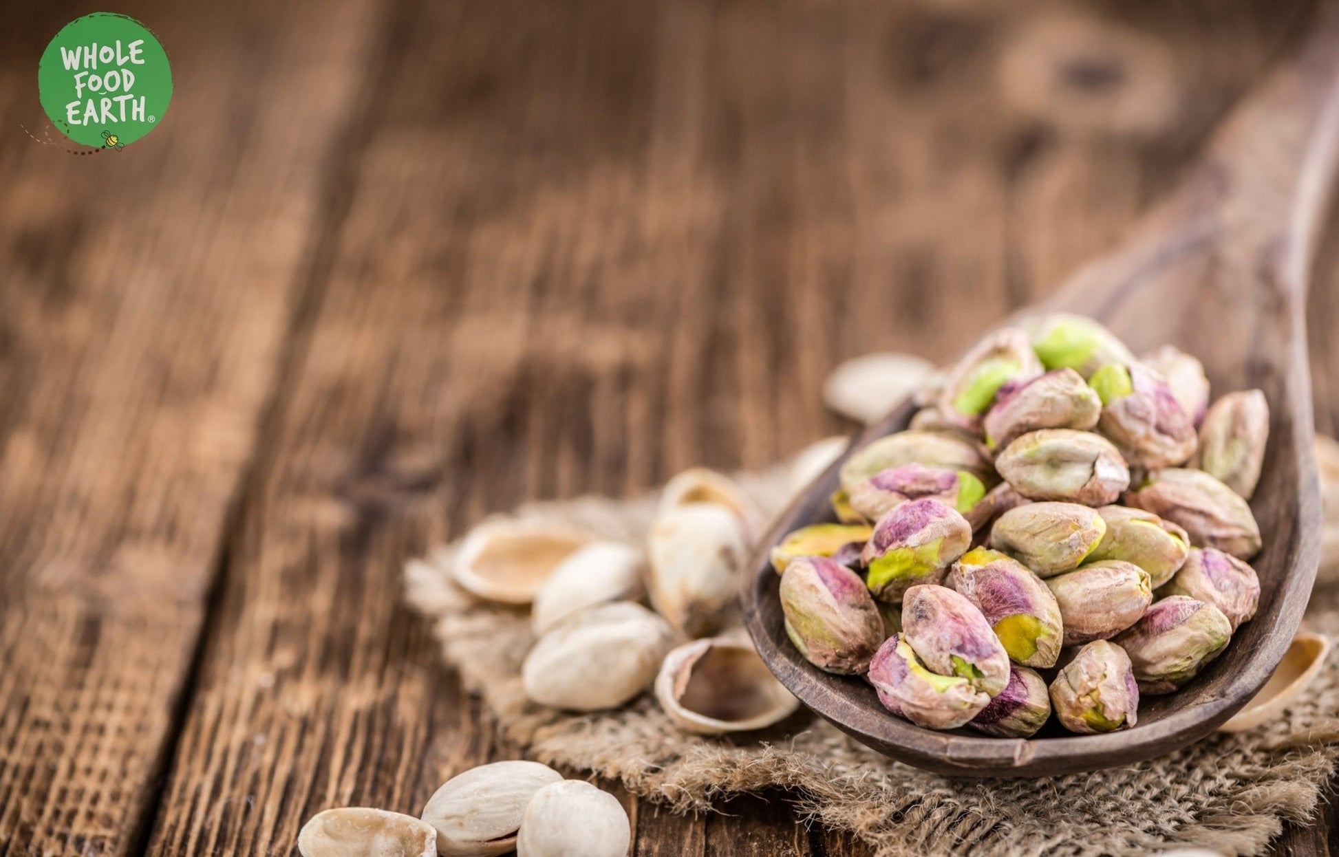 Raw pistachio kernels from Whole Food Earth, natural, GMO-free, vegan, dairy-free nuts and seeds for healthy snacking.