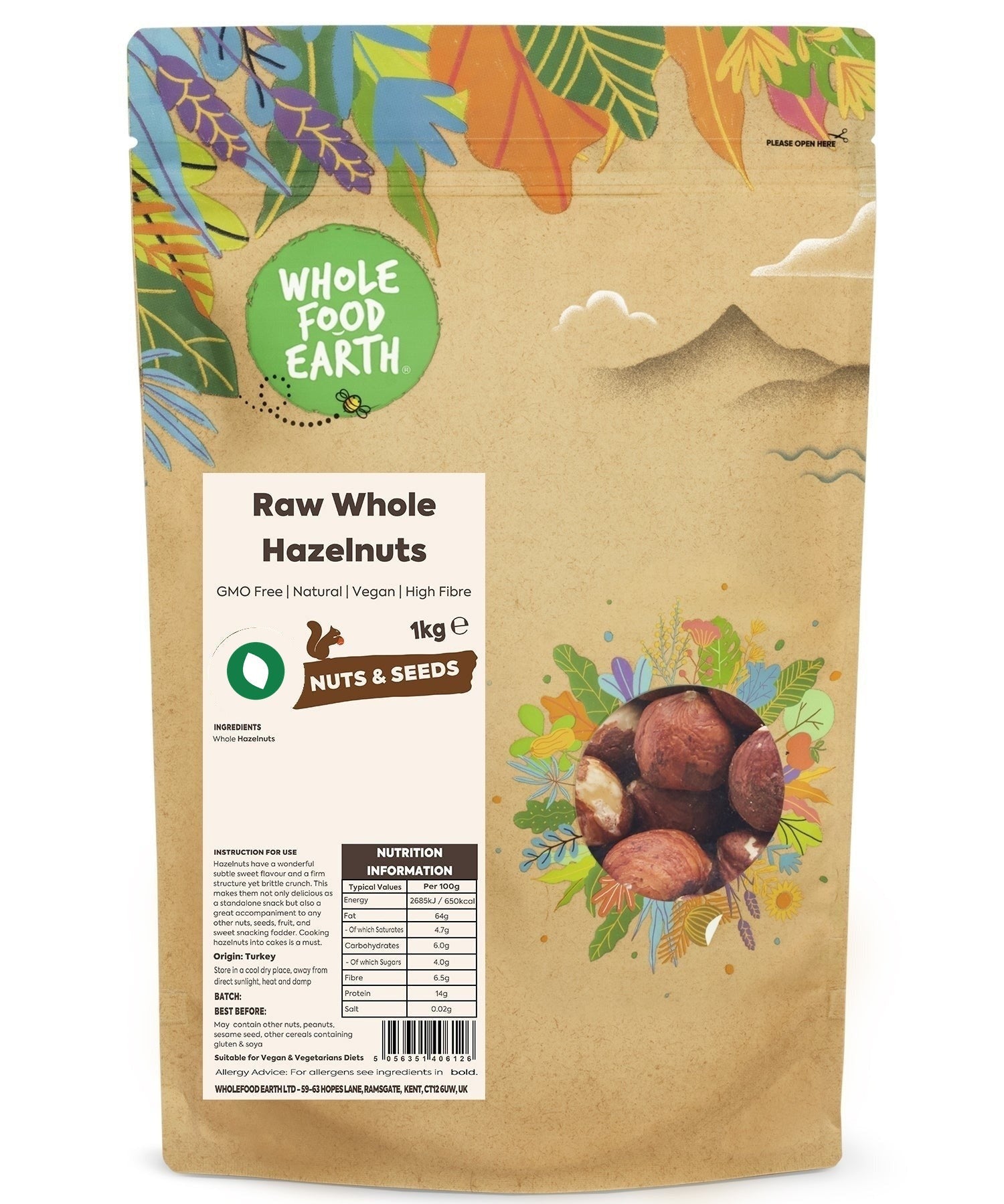 Raw whole hazel nuts from Whole Food Earth, GMO-free nuts and seeds, shown in a close-up image with natural brown shells.