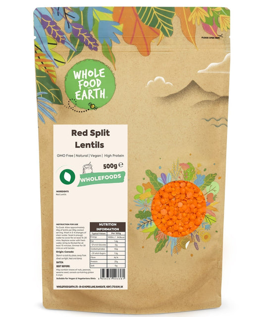 Red split lentils from Whole Food Earth, GMO-free beans and pulses with vibrant orange-red color, ready for cooking.