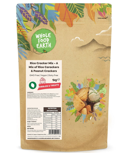 Whole Food Earth rice cracker mix with rice and peanut crackers, GMO-free and vegan, in colorful variety pack