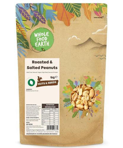 Whole Food Earth roasted salted peanuts, GMO-free nuts and seeds snack in a bowl, close-up view of salted, roasted peanuts.