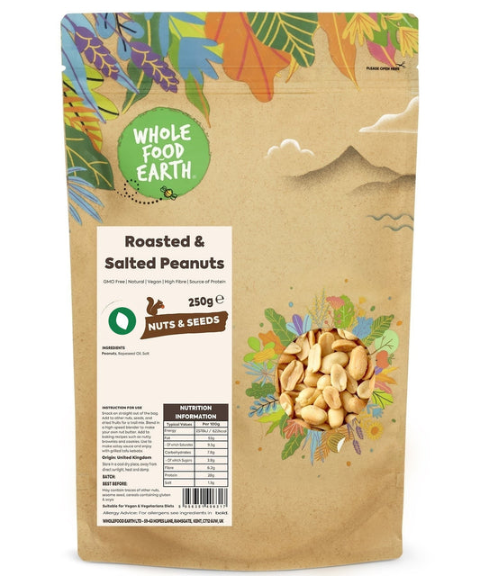 Roasted and salted Whole Food Earth peanuts, GMO-free, in a close-up image showing the crunchy, golden-brown nuts.