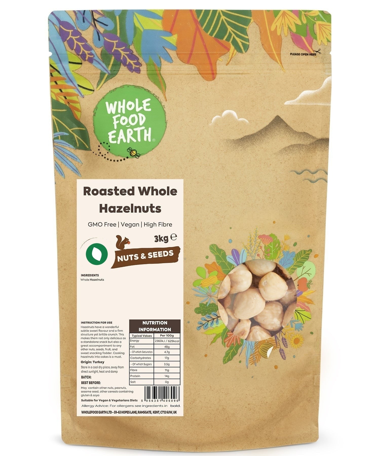 Roasted Whole Hazel Nuts from Whole Food Earth, GMO-free, showing golden-brown nuts in a natural close-up image.