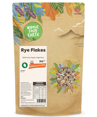 Whole Food Earth rye flakes, GMO-free vegan cereal in a bowl with a spoon, close-up of the specialty gluten-rich grain flakes