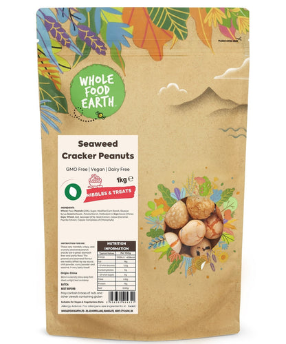 Whole Food Earth Seaweed Cracker Peanuts, GMO-free specialty snack in a resealable bag with seaweed flavor and crunchy texture.