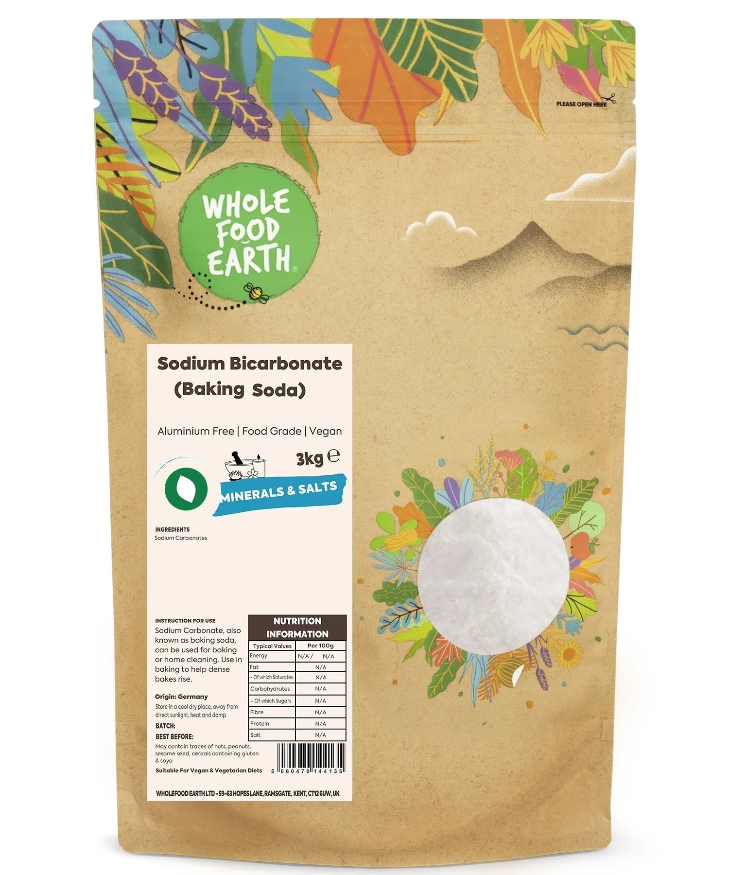 Whole Food Earth Sodium Bicarbonate baking soda in a white mineral salt package, natural mineral and salt product for household use