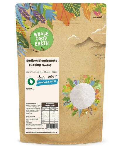 Box of Whole Food Earth Sodium Bicarbonate baking soda, mineral and salt product, with a white powder visible in the packaging.