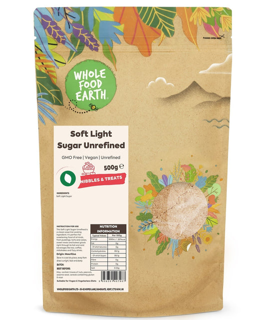 Whole Food Earth Soft Light Unrefined Sugar in a clear package, showcasing natural, GMO-free sugar crystals.