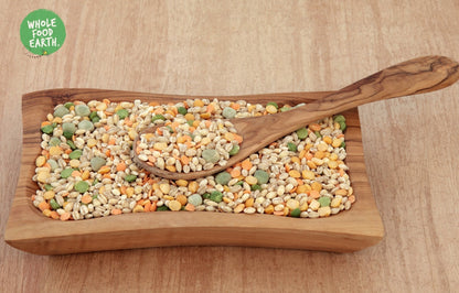 Whole Food Earth soup mix with lentils, peas, and barley, featuring beans and pulses for vegan, dairy-free, GMO-free cooking.