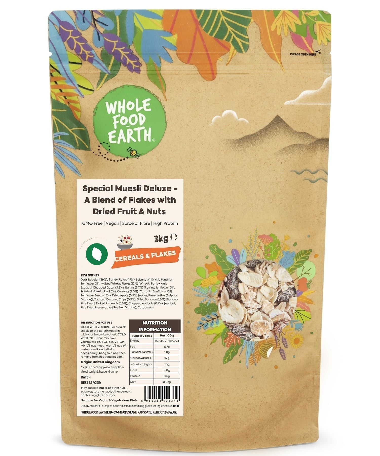 Whole Food Earth Special Muesli Deluxe cereal with flakes, dried fruit, and nuts in a natural, wholesome breakfast mix.