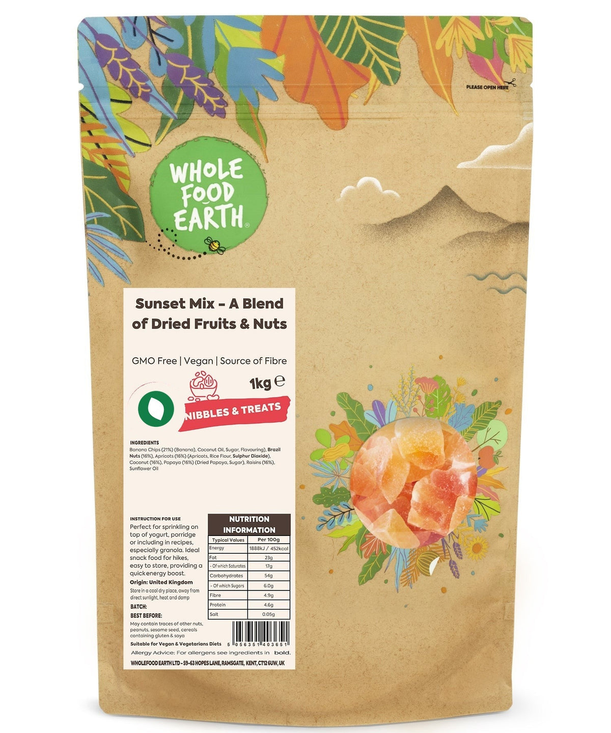 Dried fruits and nuts blend in Sunset Mix by Whole Food Earth, showcasing colorful nuts and dried fruit pieces.