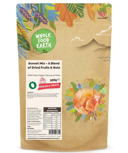 Assorted dried fruits and nuts in Sunset Mix by Whole Food Earth, showcasing a colorful blend of GMO-free specialty snacks.