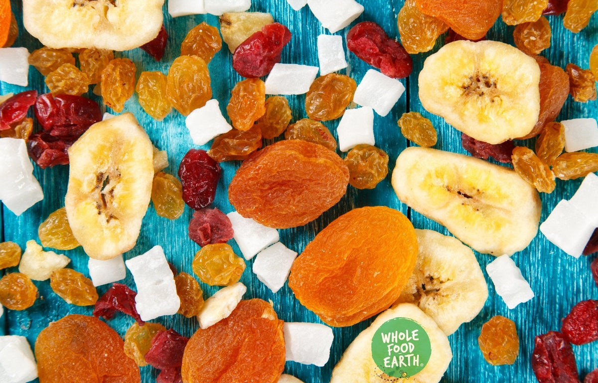 Sunset Mix dried fruits and nuts by Whole Food Earth featuring a colorful blend of vegan, GMO-free, dairy-free specialty snack.