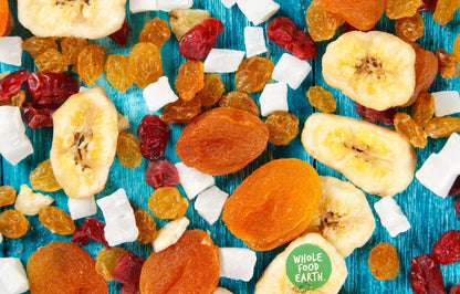 Sunset Mix dried fruits and nuts by Whole Food Earth featuring a colorful blend of vegan, GMO-free, dairy-free specialty snack.