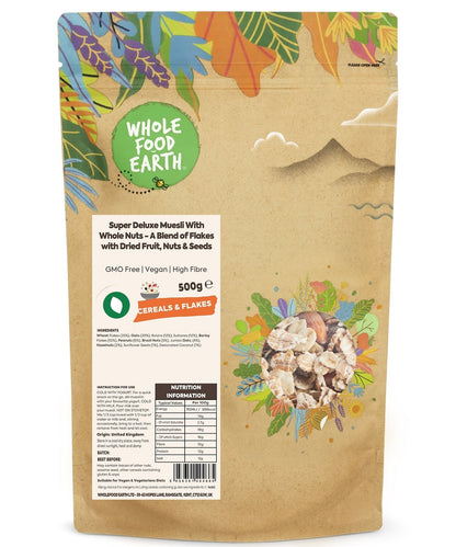 Whole Food Earth Super Deluxe Muesli cereal with whole nuts, dried fruit, flakes, seeds in a bowl.