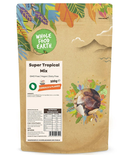 Whole Food Earth Super Tropical Mix cereal box featuring colorful tropical fruit images on a white background.