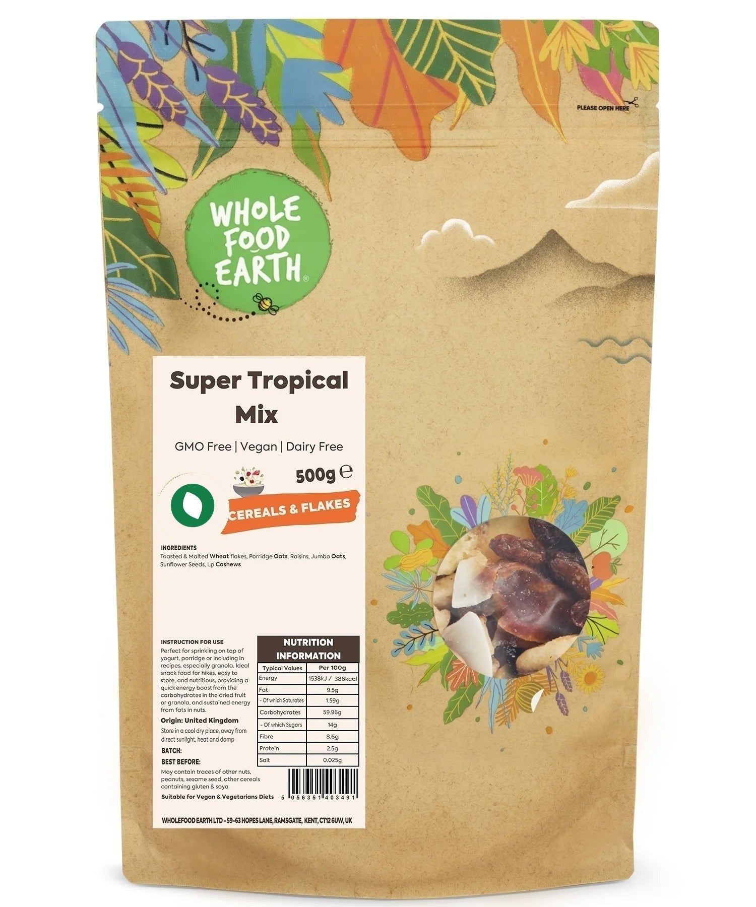 Whole Food Earth Super Tropical Mix cereal in a bowl, featuring colorful tropical grains and nuts, GMO-free and vegan-friendly.