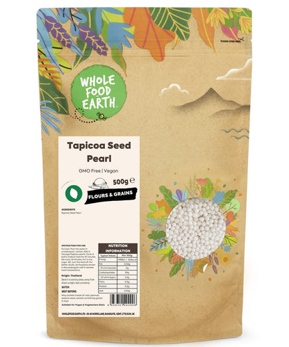 Whole Food Earth tapioca seed pearls in a clear container, showing small, translucent, GMO-free vegan tapioca grains.
