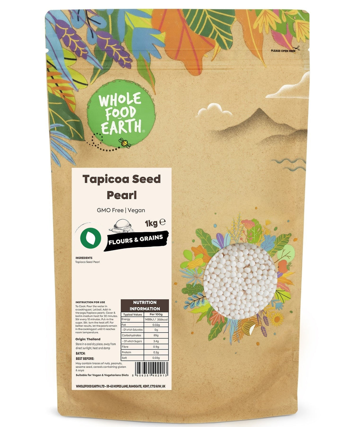 Whole Food Earth tapioca seed pearls in a clear container, gluten-free, vegan-friendly flour and grain alternative.