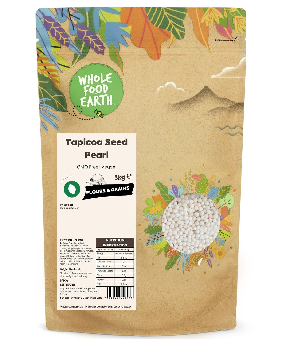 Whole Food Earth tapioca seed pearls, GMO-free vegan flour and grain product, shown in a clear image with various pearl sizes.