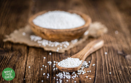 Whole Food Earth tapioca seed pearls, GMO-free vegan grains for cooking and baking, shown in a close-up image.