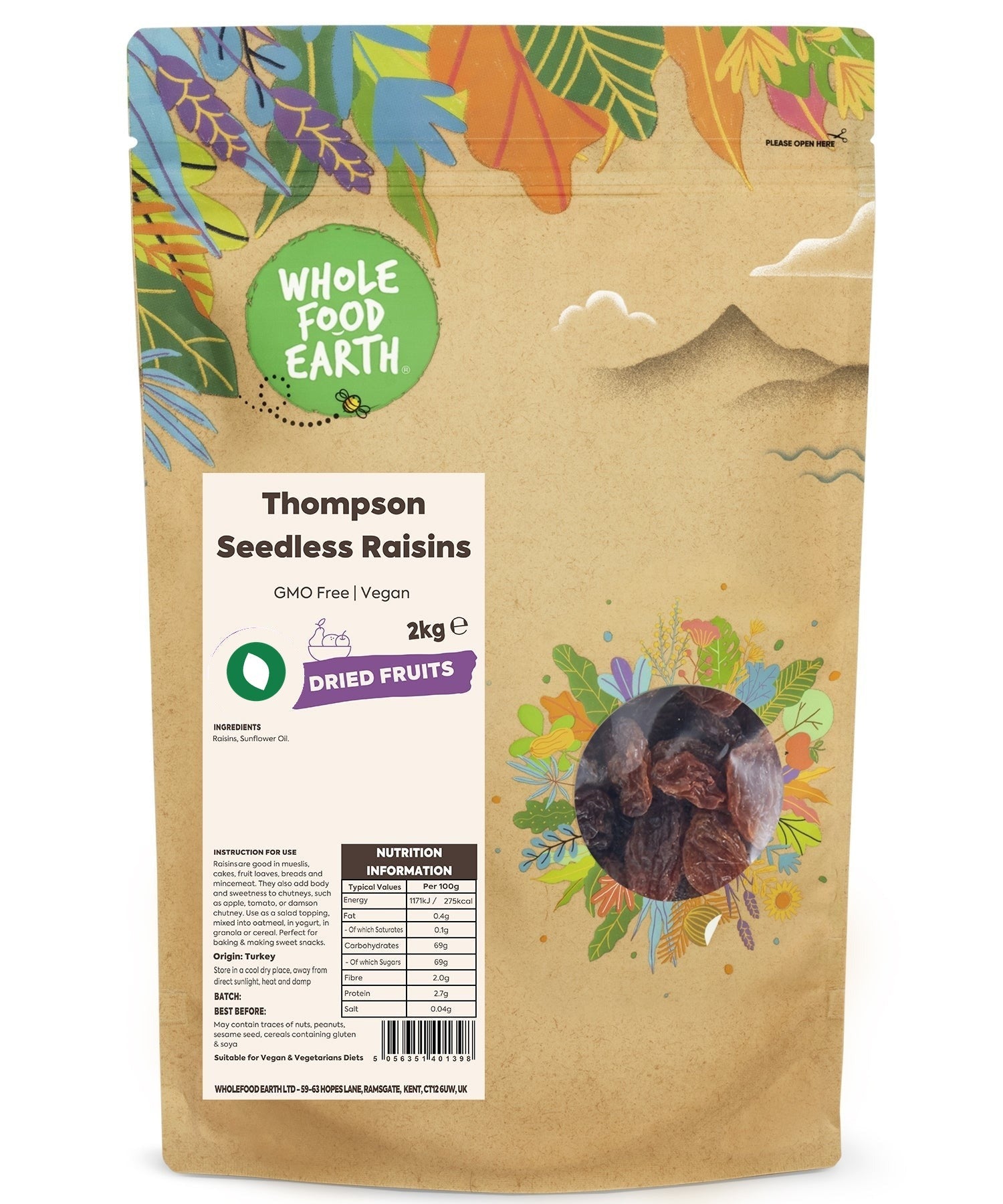 Dried Thompson Seedless Raisins by Whole Food Earth, GMO-free dried fruit with plump, golden raisins on a white background.
