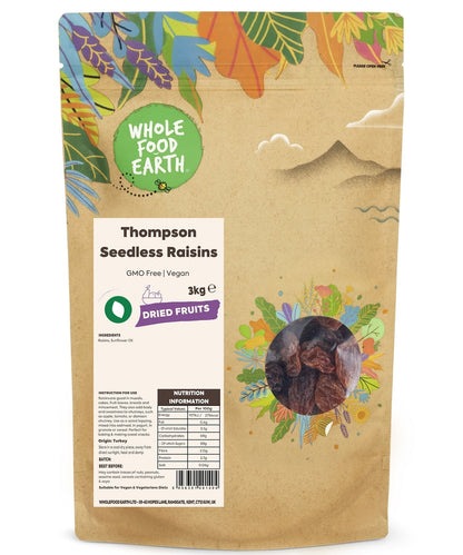 Dried Thompson Seedless Raisins from Whole Food Earth, GMO-free dried fruits with plump, golden raisins on a white background.