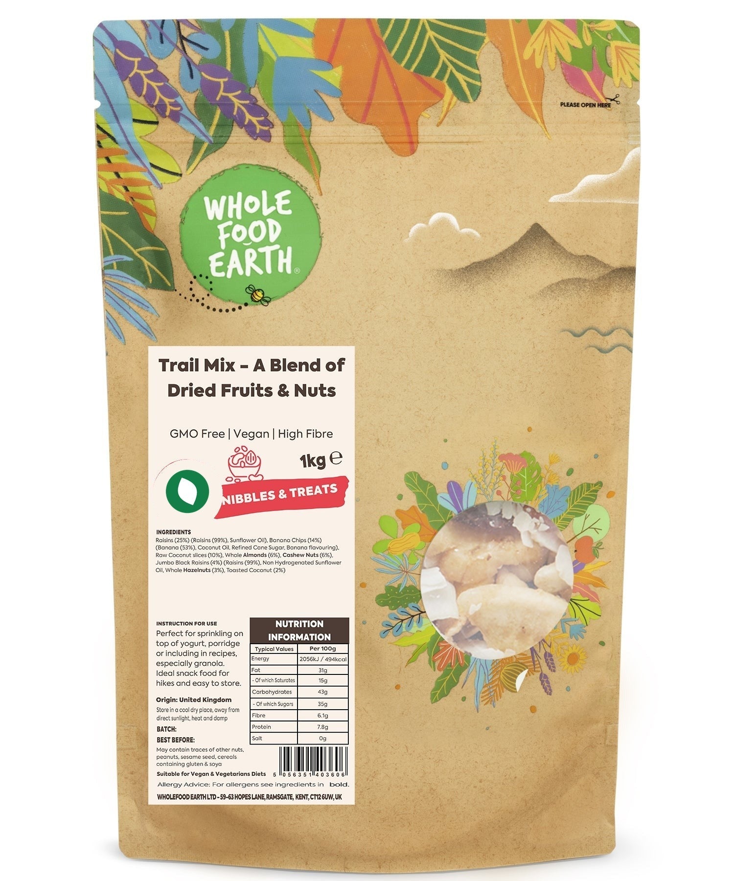 Whole Food Earth trail mix with dried fruits and nuts, GMO-free, suitable for vegetarians, in a colorful blend.