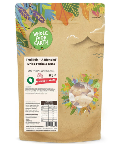 Whole Food Earth trail mix with dried fruits and nuts, GMO-free specialty snack in a natural mix.