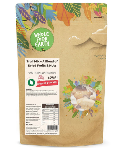 Whole Food Earth trail mix with dried fruits and nuts, GMO-free, vegan-friendly specialty snack shown in the image.