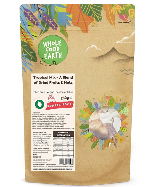 Tropical Mix with dried fruits and nuts in a 250g package, natural specialty blend by Whole Food Earth