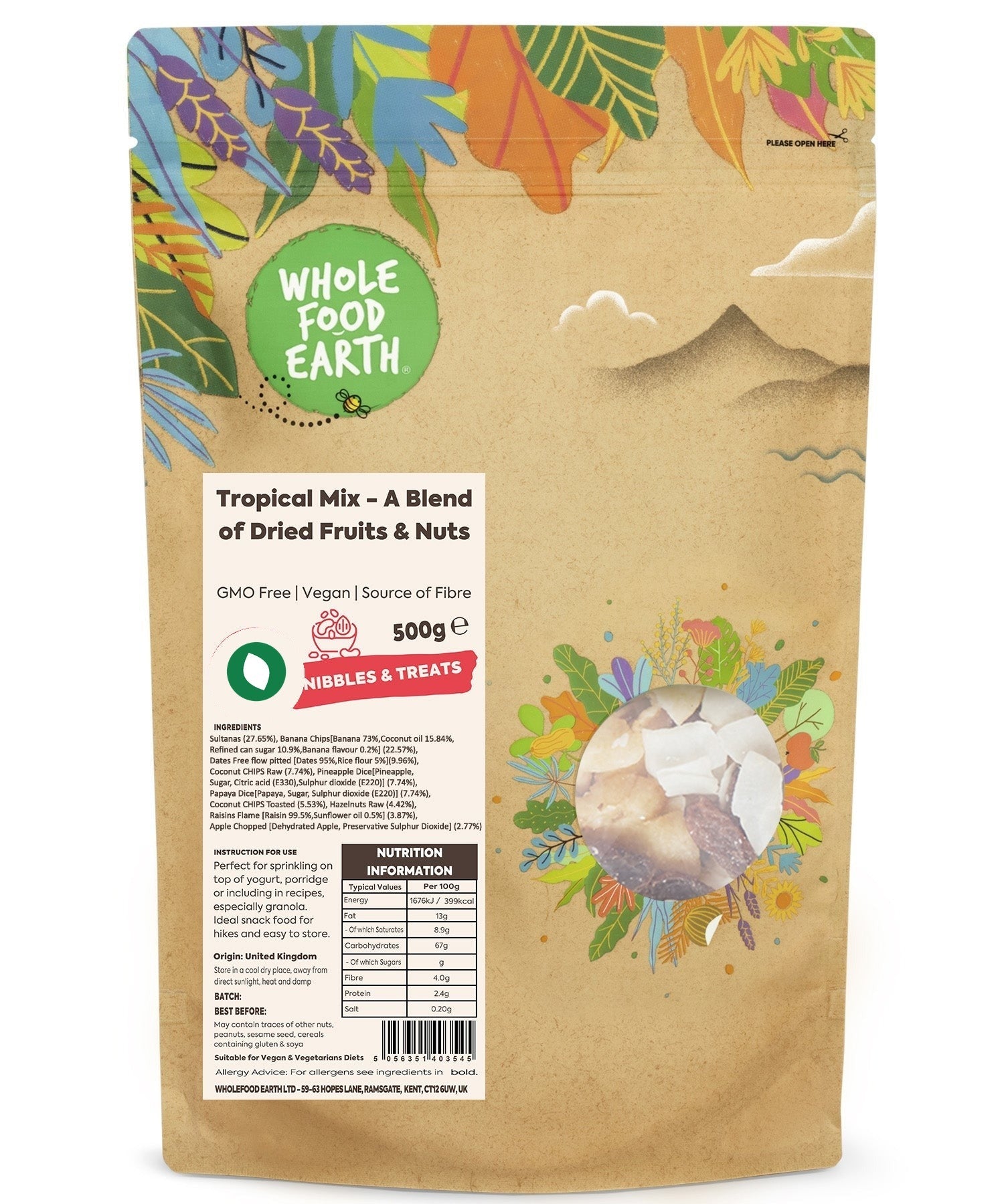 Tropical Mix of dried fruits and nuts by Whole Food Earth, showcasing a colorful blend of dried tropical fruits and crunchy nuts.