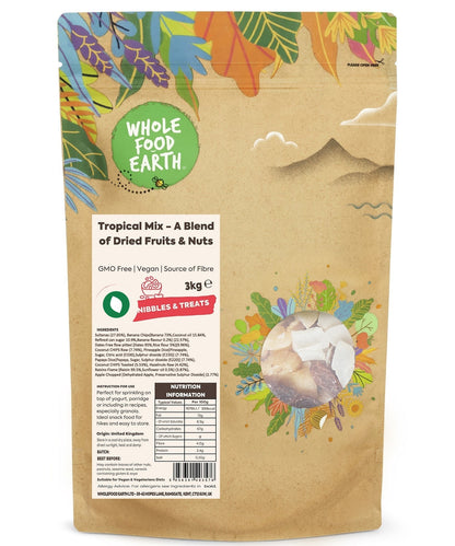Whole Food Earth Tropical Mix of dried fruits and nuts in a 250g package, showcasing colorful dried tropical fruits and assorted nuts.