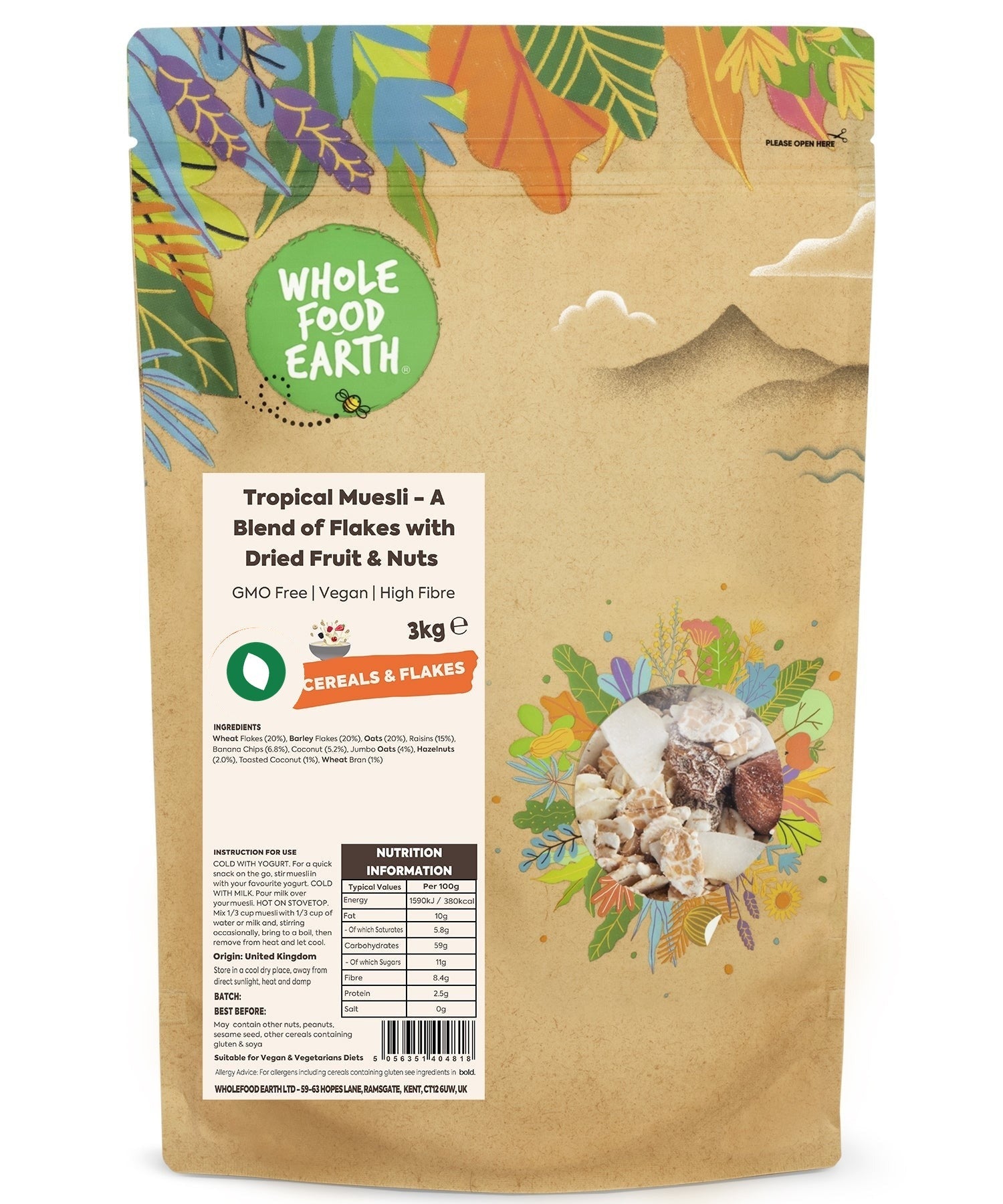 Whole Food Earth Tropical Muesli cereal with flakes, dried fruit, and nuts in a bowl, vegan and GMO-free.