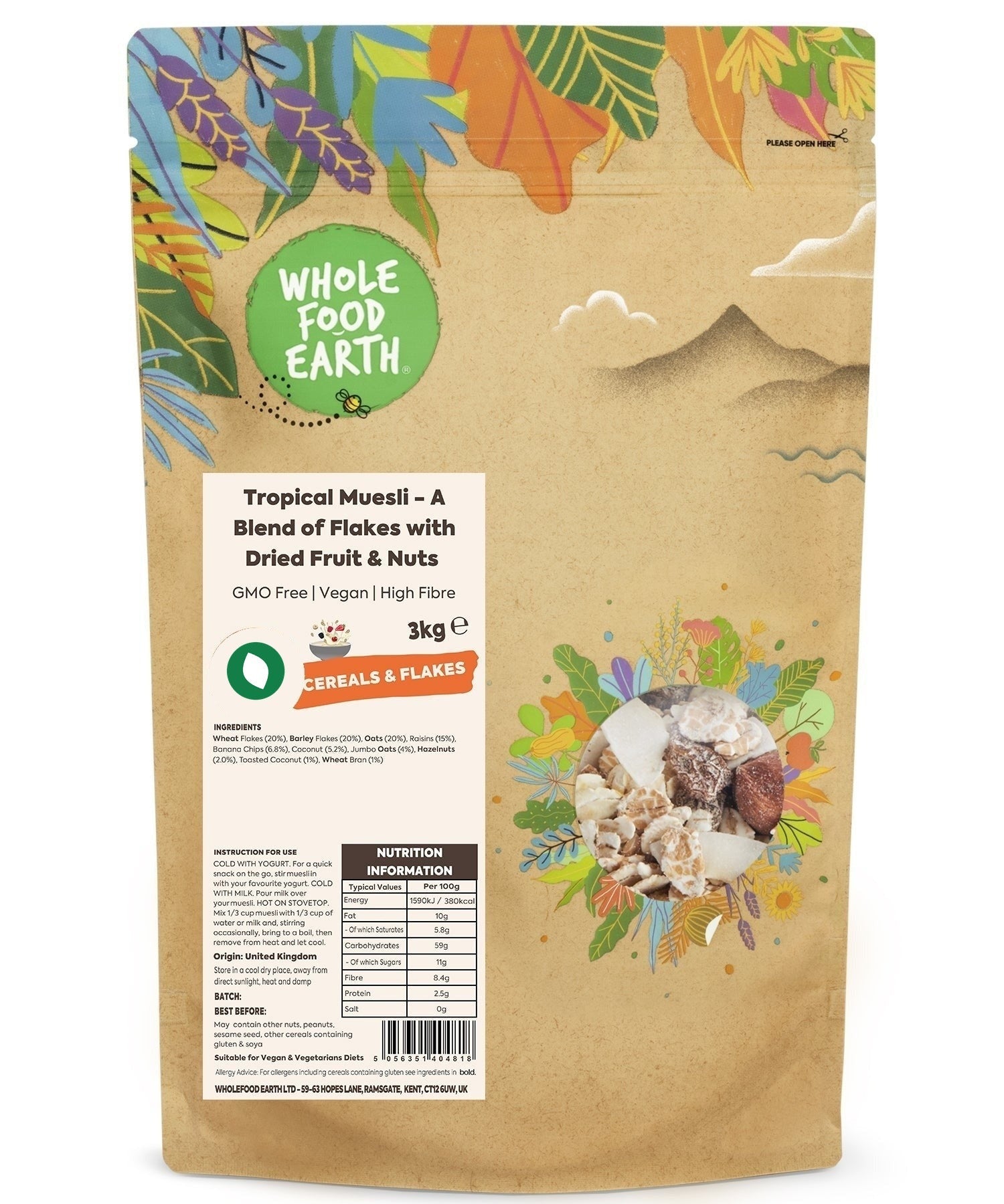 Whole Food Earth Tropical Muesli cereal with flakes, dried fruit, and nuts in a bowl, vegan and GMO-free.