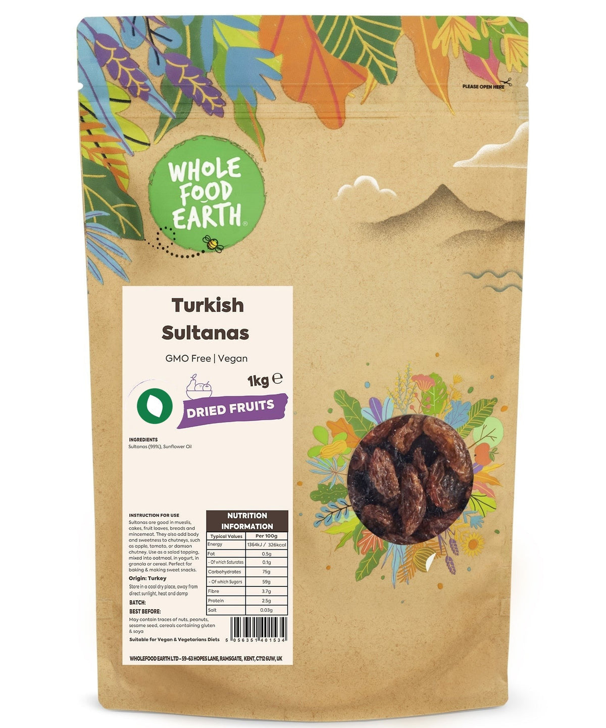 A close-up of Whole Food Earth Turkish Sultanas, GMO-free dried grapes in a clear bowl, showing their plump, golden appearance.