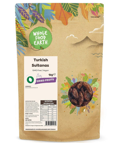 A close-up of Whole Food Earth Turkish Sultanas, GMO-free dried grapes in a clear bowl, showing their plump, golden appearance.