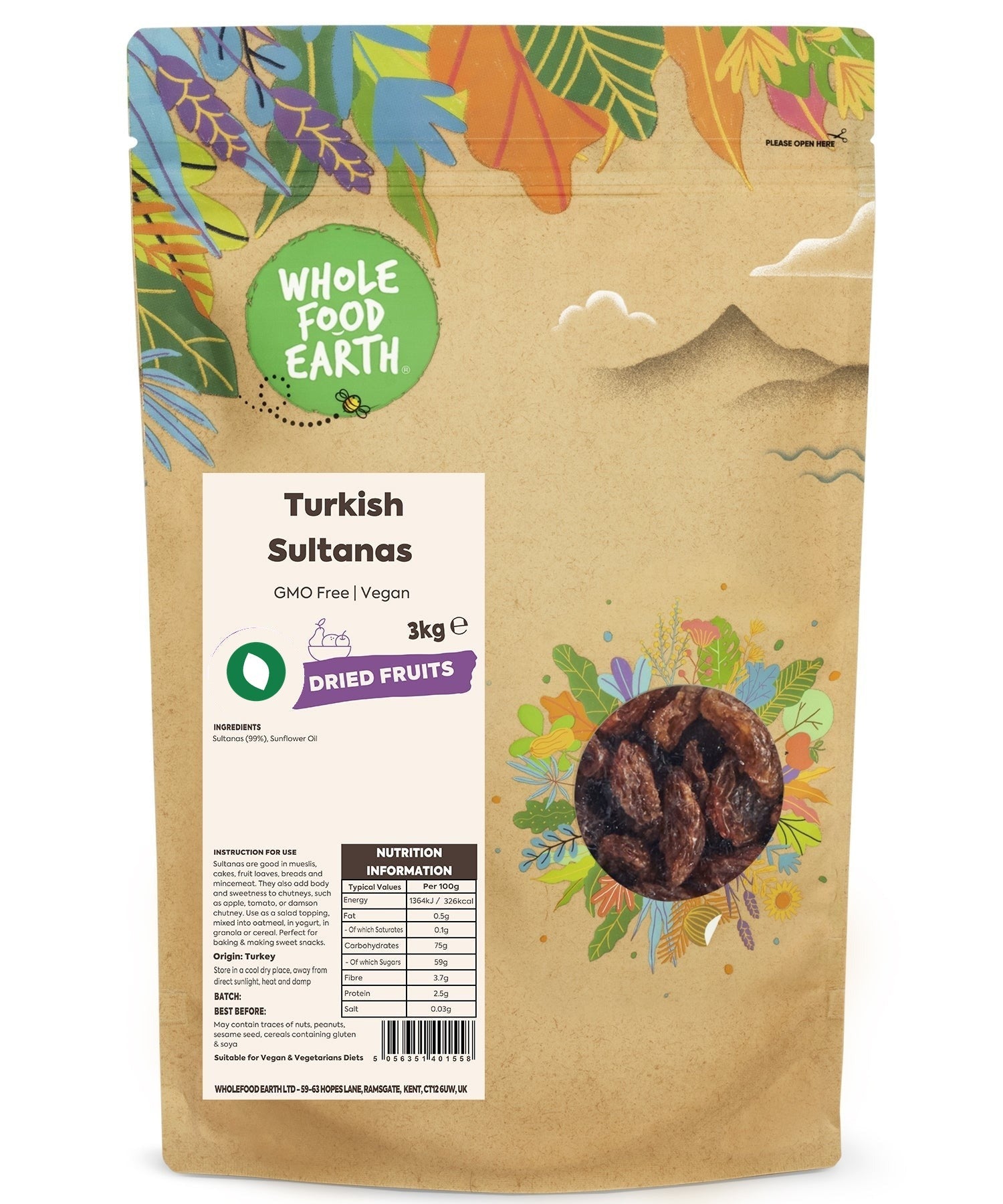 Dried Turkish Sultanas from Whole Food Earth, GMO-free and vegan, shown in a close-up of plump, golden raisins.