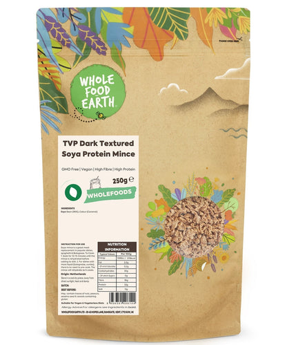 Dark textured soya protein mince from Whole Food Earth, shown in a close-up image highlighting its beans and pulses texture.