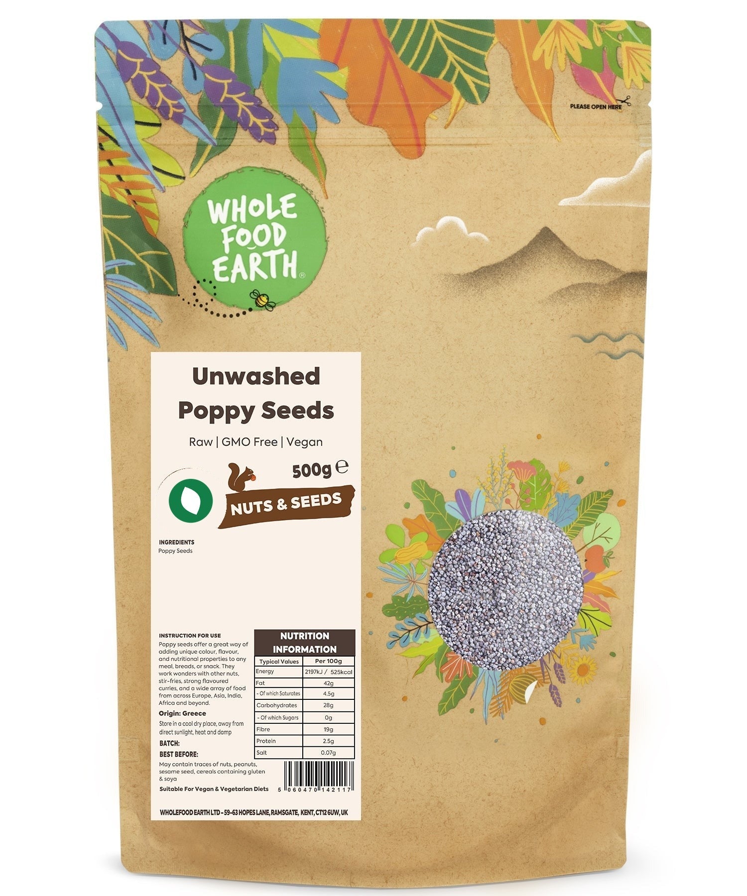 Unwashed raw poppy seeds from Whole Food Earth, GMO-free, in a clear container showing small blue-gray seeds.