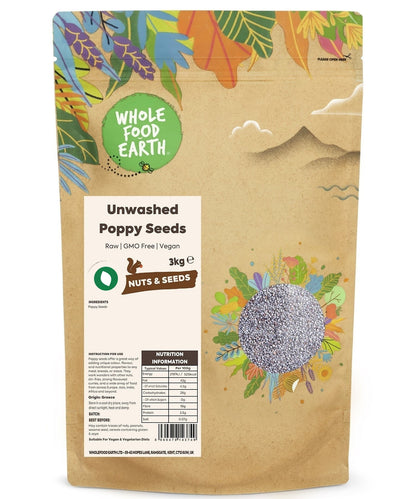 Unwashed raw poppy seeds from Whole Food Earth, GMO-free nuts and seeds product, shown in a close-up image.
