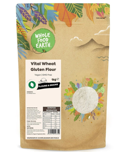 Vital Wheat Gluten Flour from Whole Food Earth, vegan and non-GMO, close-up image showing the flour in a bag for baking and cooking.