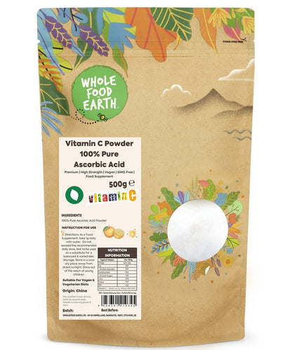 Whole Food Earth Vitamin C Powder, 100% pure ascorbic acid, in a resealable container with a white label and powder inside.