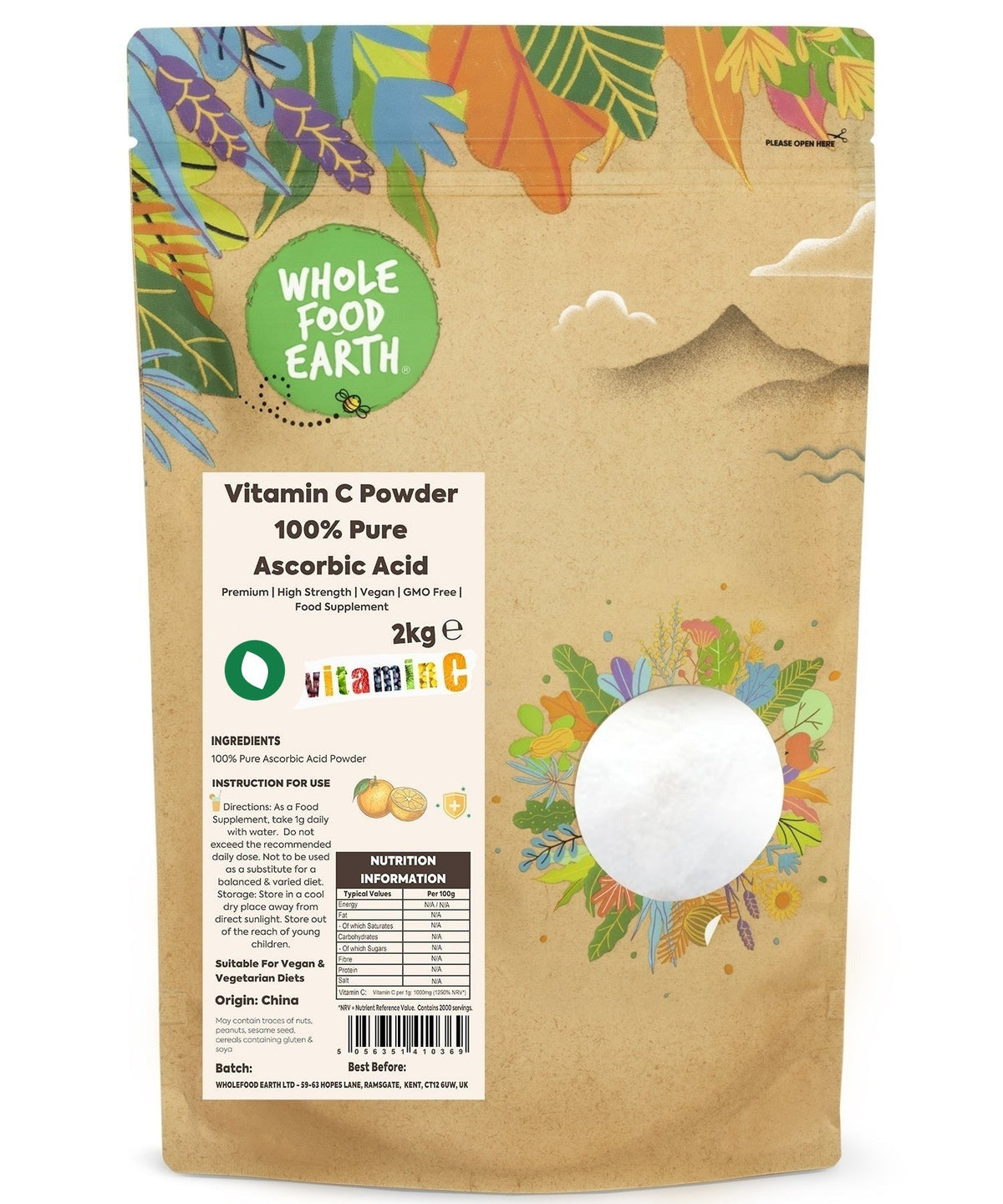 Powdered Vitamin C by Whole Food Earth, 100% pure ascorbic acid in a resealable bag for health and wellness use.
