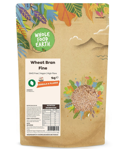 Fine wheat bran cereal by Whole Food Earth, GMO-free and vegan, shown in a close-up of the textured, light brown flakes.