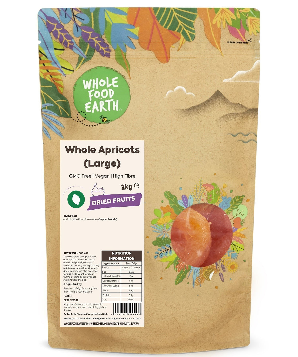 Large dried apricots from Whole Food Earth, GMO-free dried fruits, showing plump, orange apricots ready for snacking or recipes.