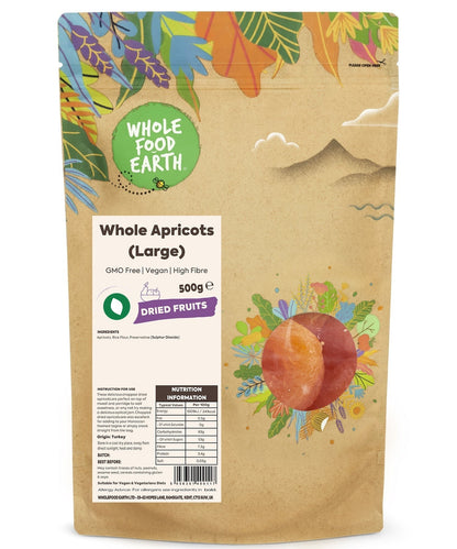 Large dried apricots from Whole Food Earth, GMO-free dried fruit with vibrant orange color and slightly wrinkled texture.