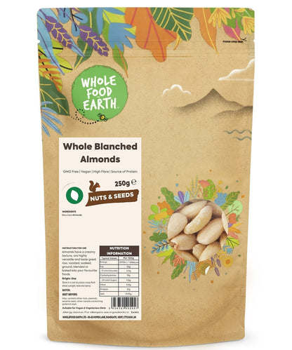 Whole Food Earth whole blanched almonds, GMO-free nuts and seeds, showing fresh, peeled almonds in a clear view.