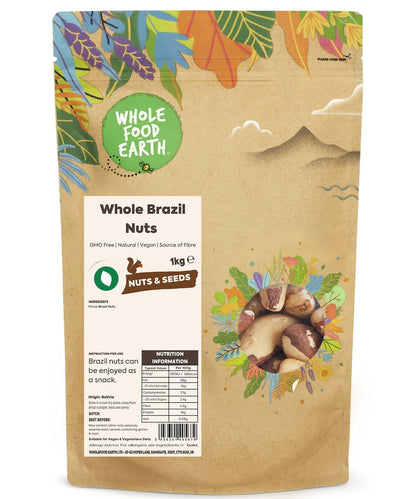 Whole Food Earth whole Brazil nuts, GMO-free and natural, shown in a close-up image highlighting their large size and brown shells.